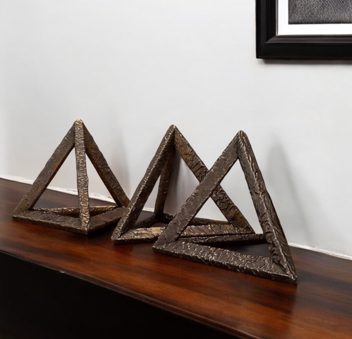 574097 Bronze Metal Pyramid Tabletop Sculptures - Set of 3