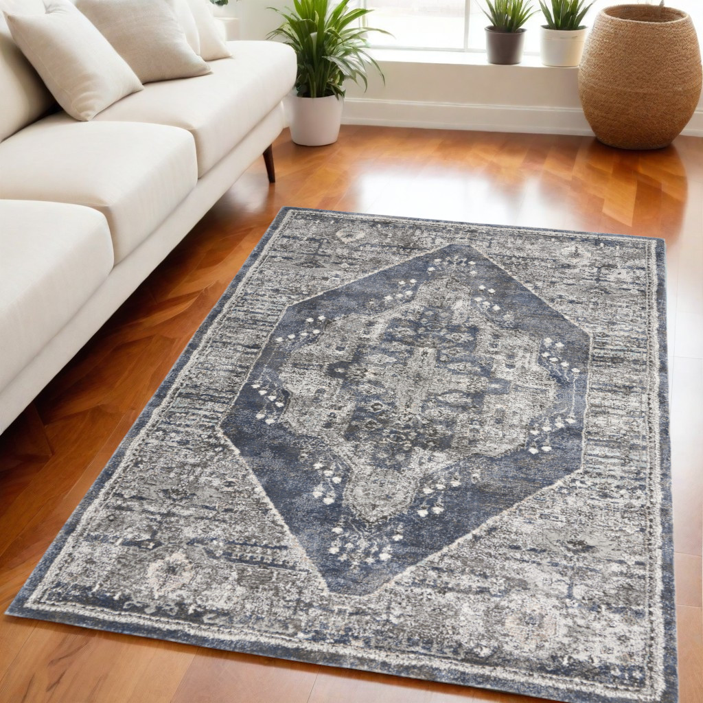 569652 5 x 7 ft. Floral Power Loom Distressed Rectangle Area Rug, Blue