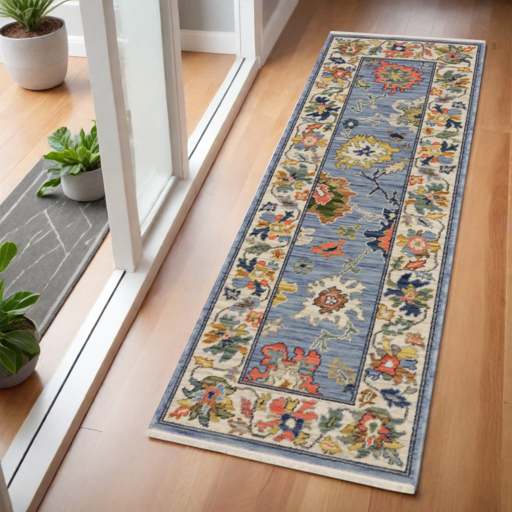 575292 6 ft. Oriental Runner Rug with Fringe, Blue, Green & Ivory