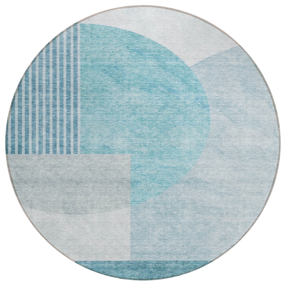 581307 8 ft. Round Geometric Washable Indoor & Outdoor Area Rug, Teal Blue, Blue & Silver