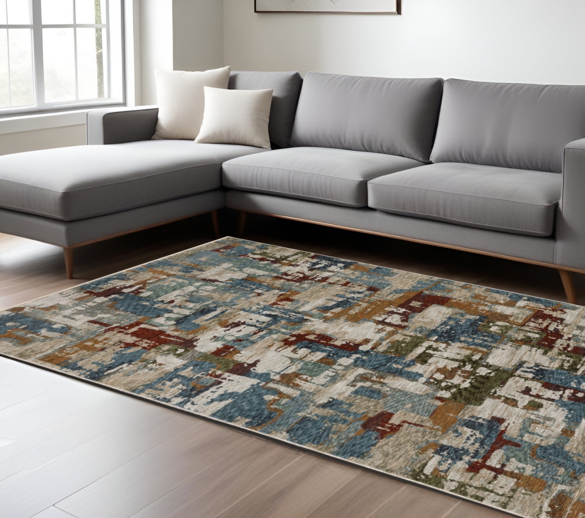 574754 10 x 13 ft. Abstract Distressed Rectangle Area Rug with Fringe, Beige, Rust & Teal
