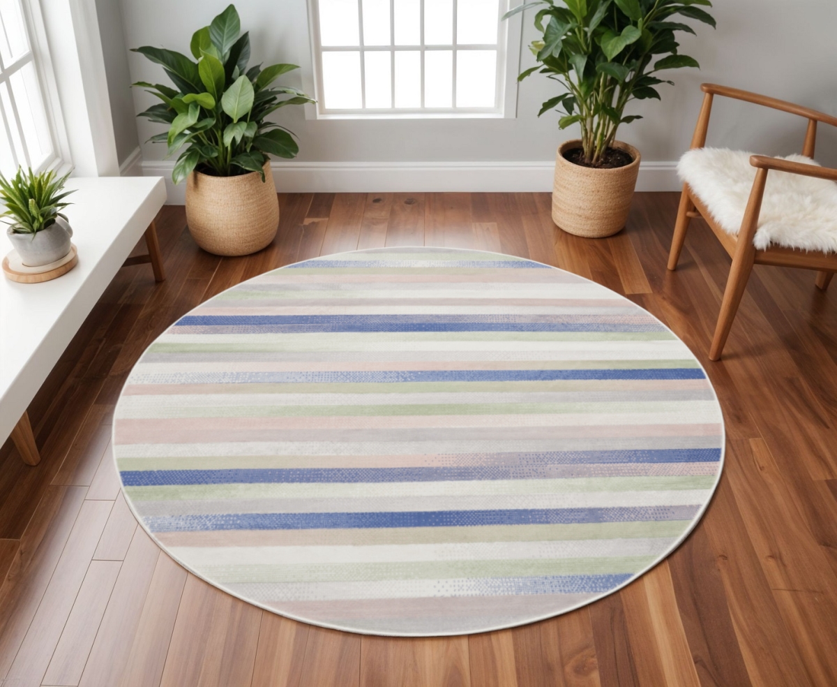 552335 8 ft. Striped Round Rug, Ivory, Tan & Blue