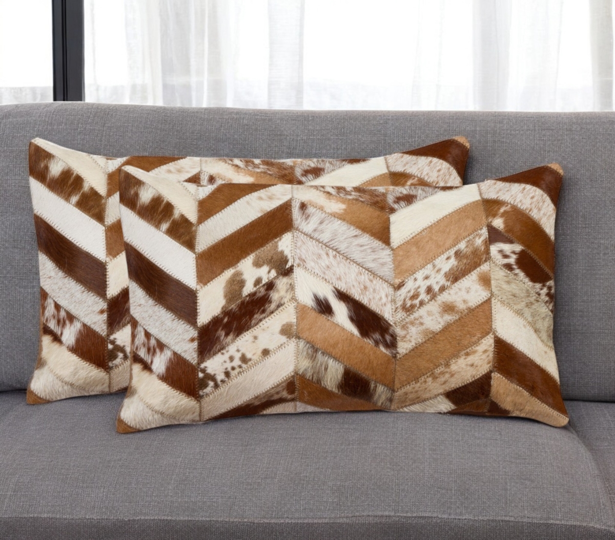 544582 12 x 20 in. Brown & Natural Chevron Cowhide Lumbar Throw Pillows - Set of 2
