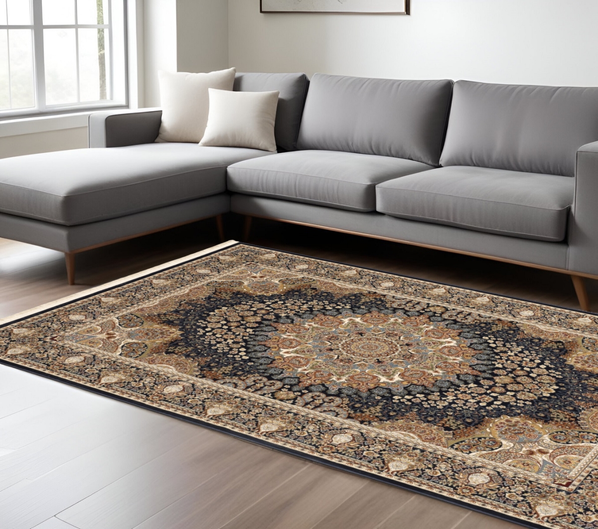 576380 10 x 13 ft. Medallion Rectangle Area Rug with Fringe - Navy Blue, Tan & Ivory
