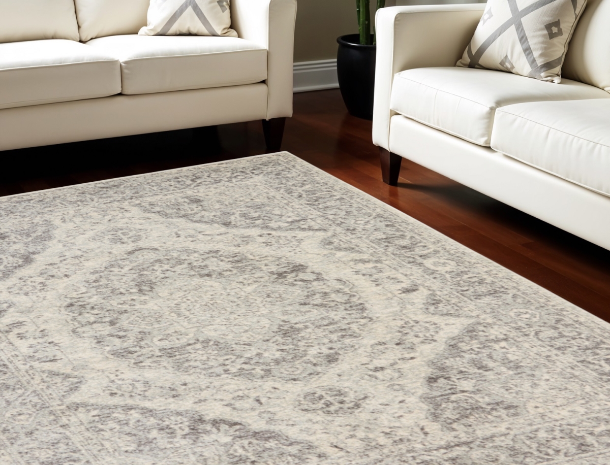 551040 7 x 10 ft. Floral Medallion Distressed Rectangle Area Rug, Ivory & Gray