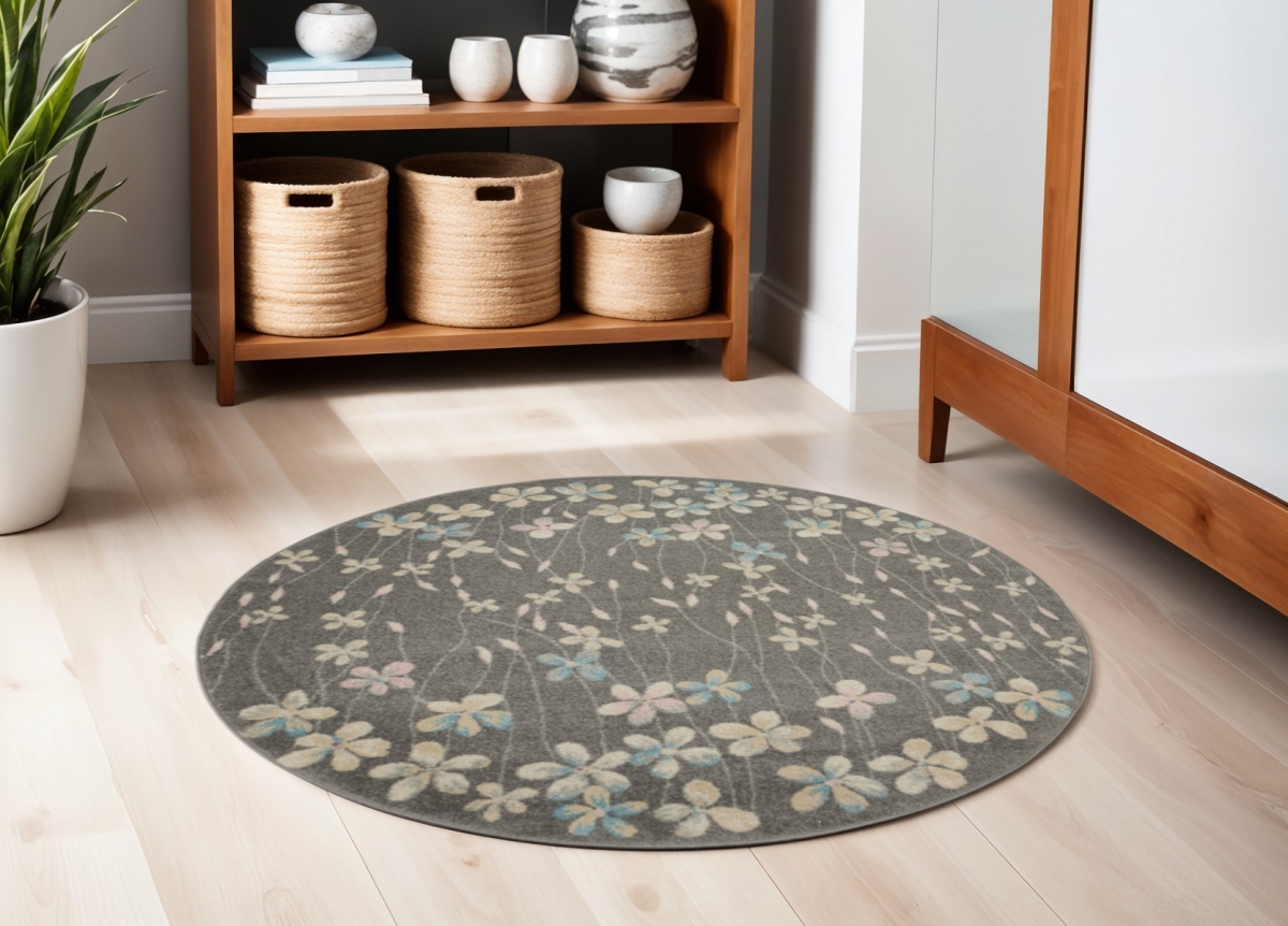 552369 5 ft. Floral Power Loom Round Rug, Beige & Gray
