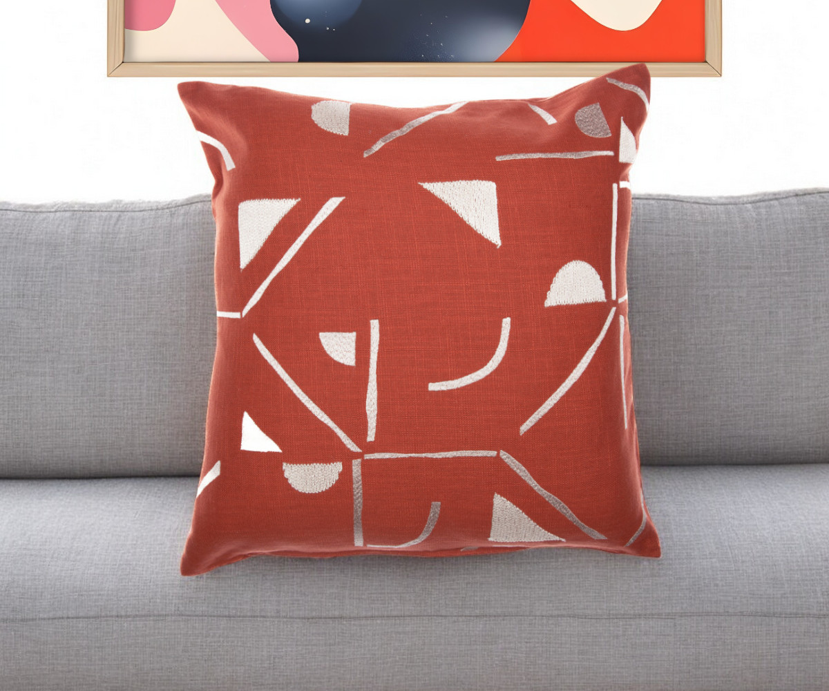 Geometric Cotton Blend Throw Pillow - Orange & Ivory - 20 in. - Soft Embroidery