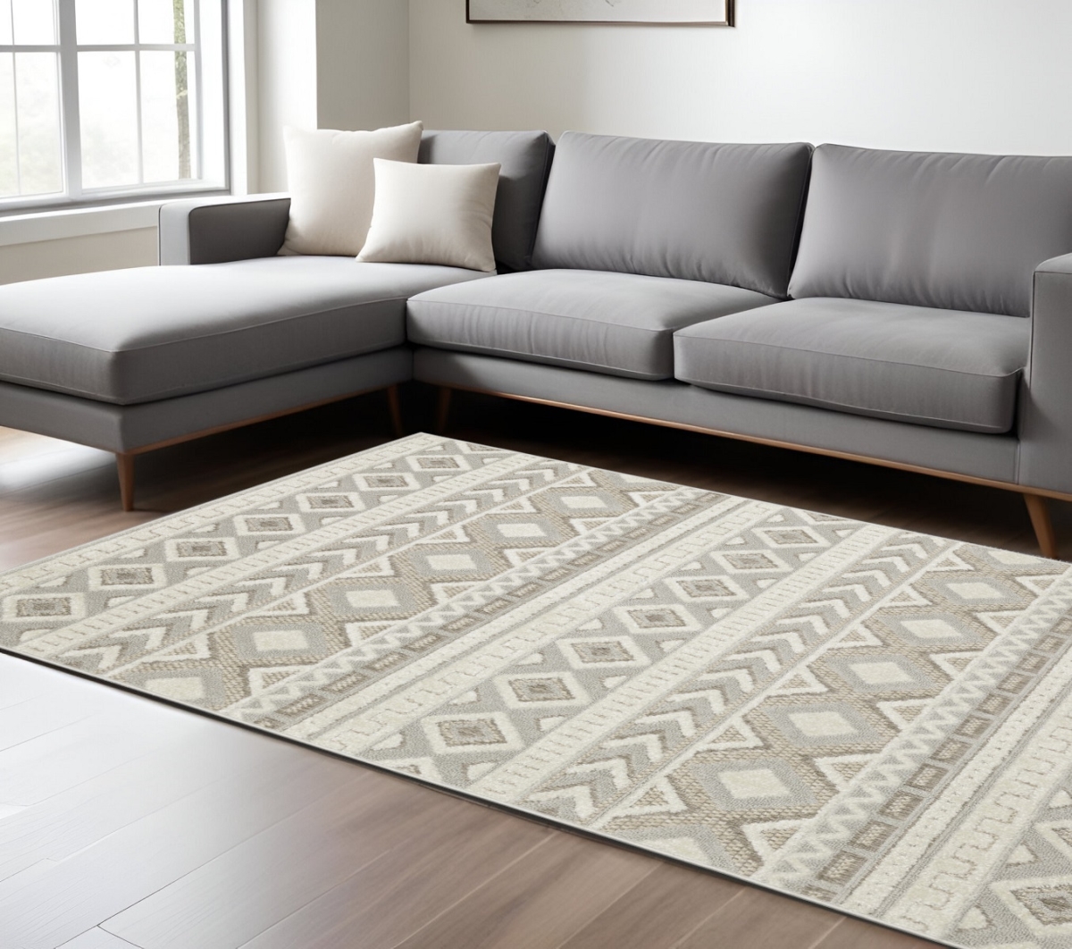 576440 10 x 13 ft. Tribal Rectangle Area Rug, Gray & Beige