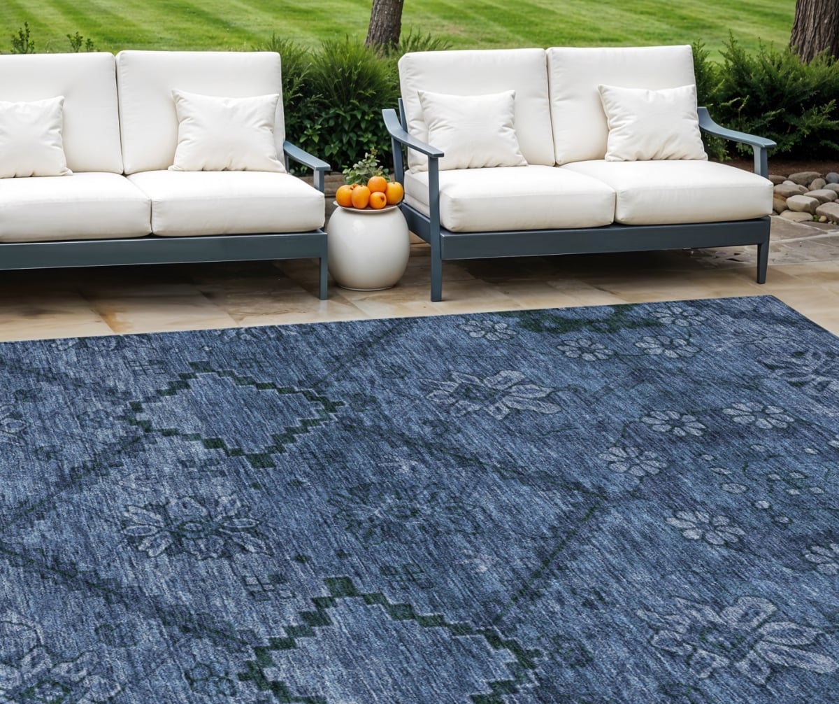 588898 9 x 12 ft. Floral Washable Indoor & Outdoor Rectangle Area Rug, Navy Blue & Denim Blue