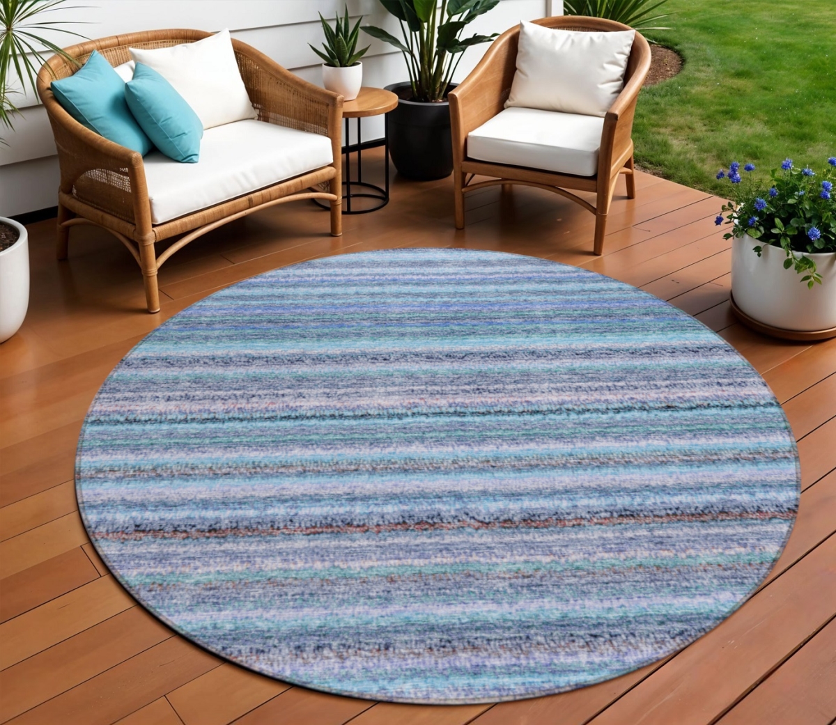 577807 8 ft. Round Striped Washable Indoor & Outdoor Area Rug, Sky Blue & Navy Blue