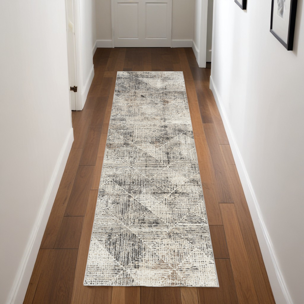 553423 8 ft. Ivory Black & Brown Geometric Non Skid Runner Rug