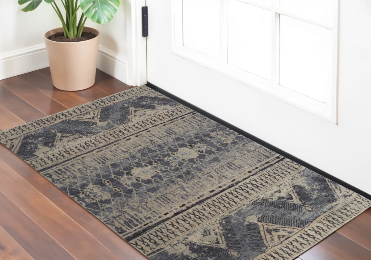 567521 2 x 3 ft. Wool Floral Hand Knotted Rectangle Area Rug, Gray, Blue & Ivory