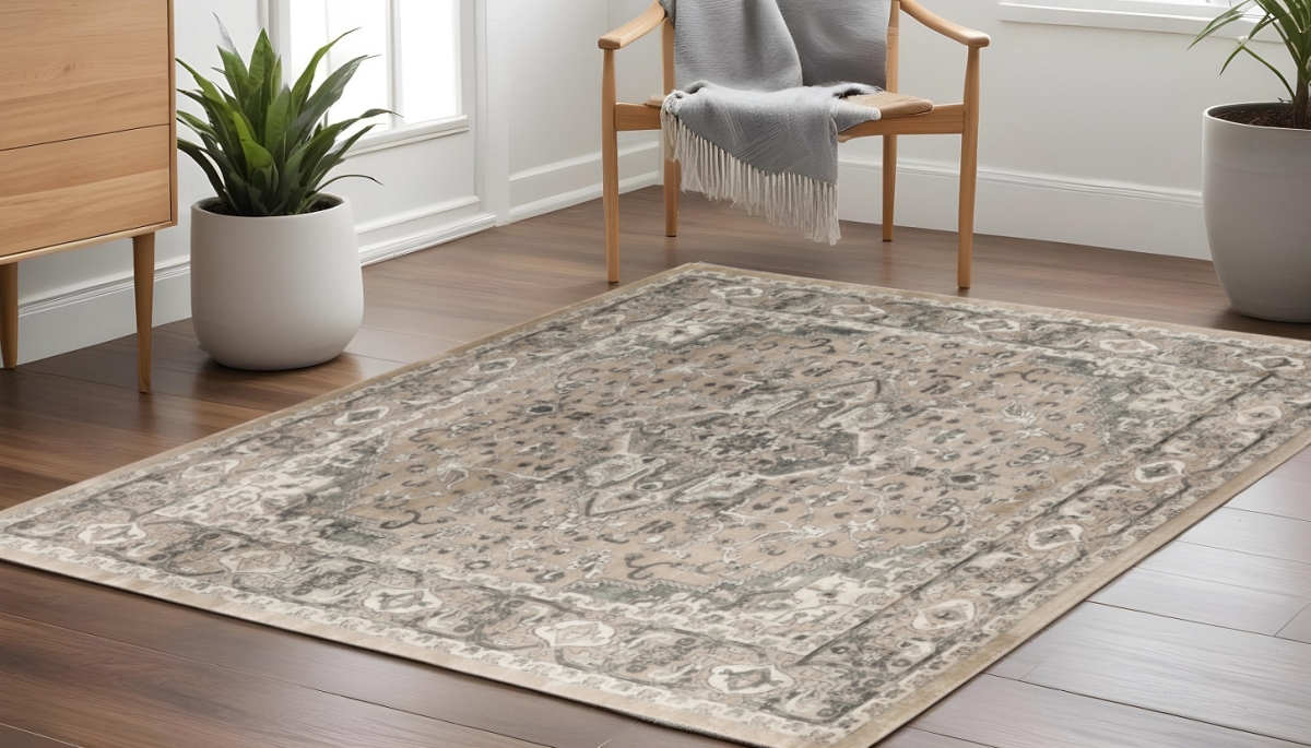 545145 10 ft. Beige & Gray Square Medallion Power Loom Distressed Area Rug
