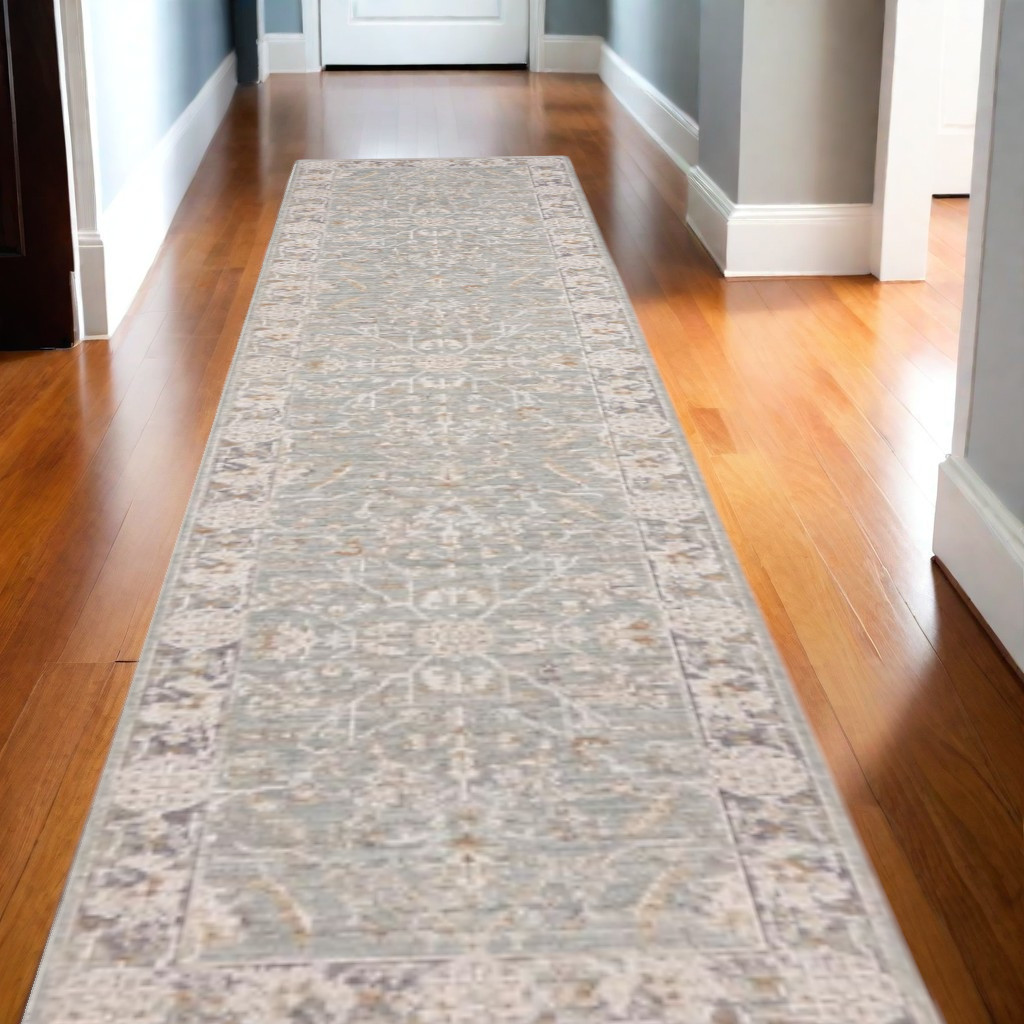 569660 10 ft. Blue Floral Power Loom Distressed Runner Area Rug