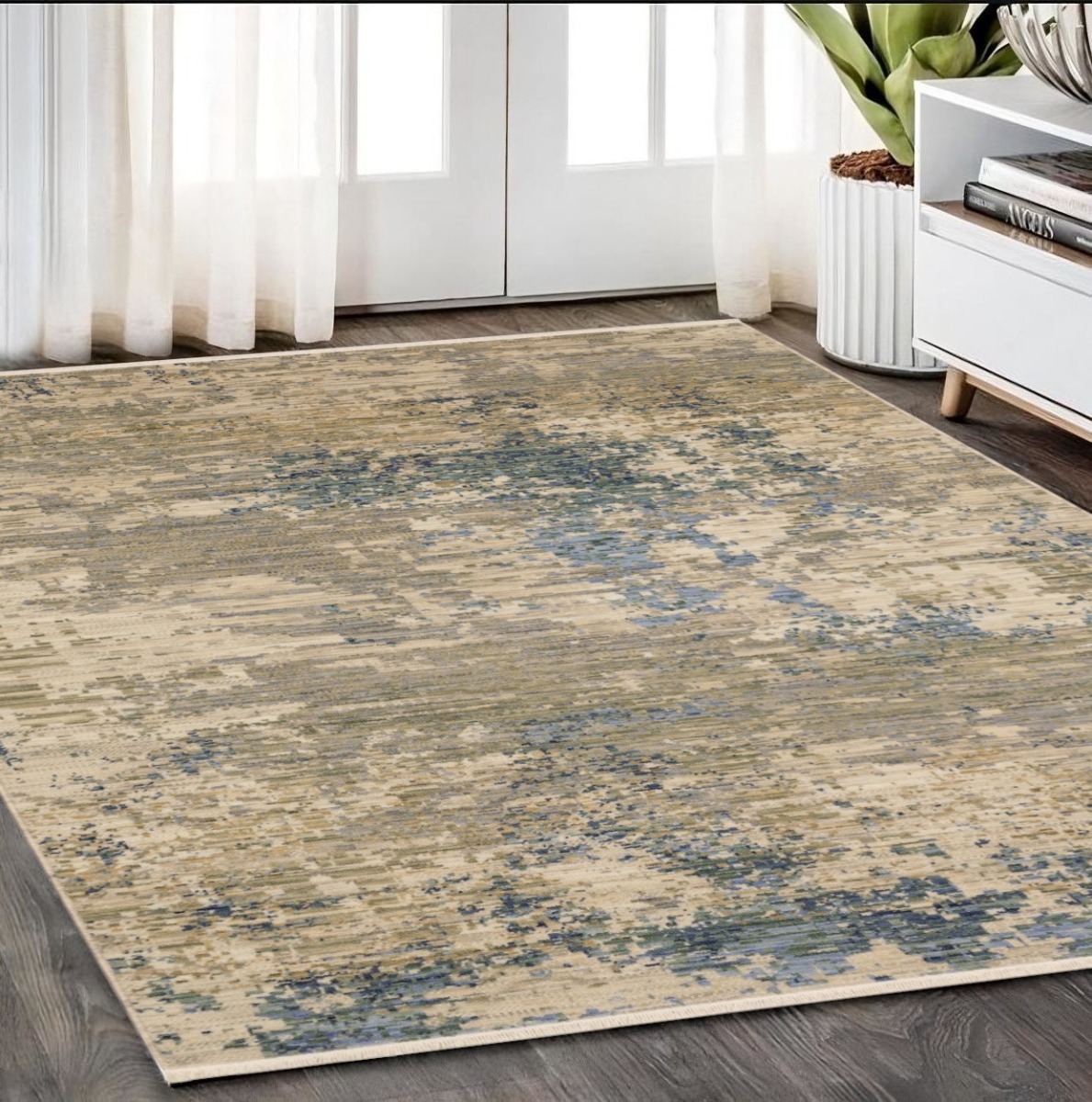 575668 5 x 8 ft. Abstract Rectangle Area Rug with Fringe, Beige & Blue