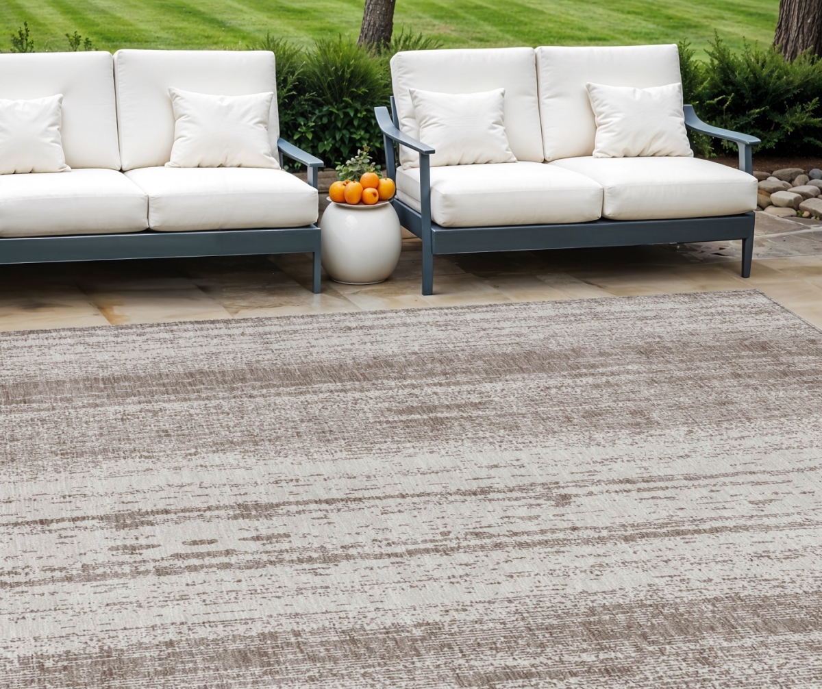 589925 10 x 14 ft. Striped Washable Indoor & Outdoor Rectangle Area Rug, Taupe & Ivory