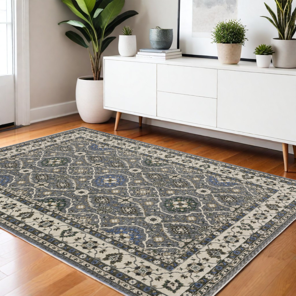 574932 4 x 6 ft. Oriental Rectangle Area Rug with Fringe, Blue & Gray