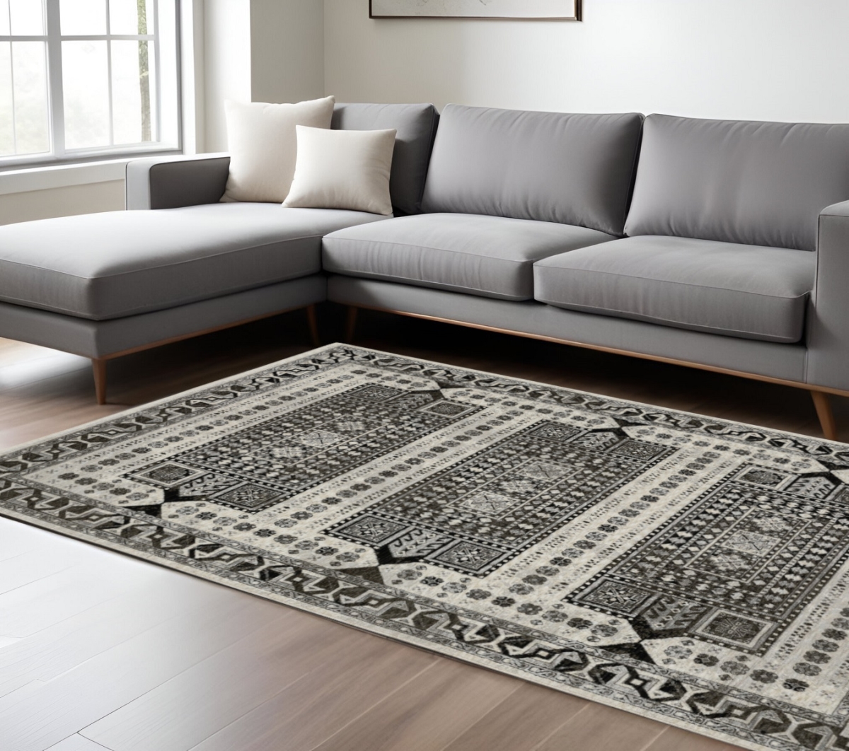 574882 10 x 13 ft. Oriental Rectangle Area Rug with Fringe, Ivory & Charcoal