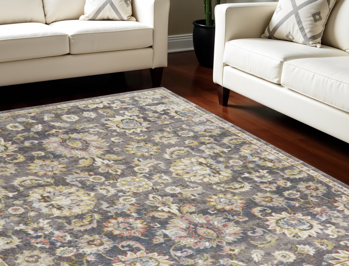 551337 8 x 10 ft. Floral Distressed Rectangle Area Rug, Charcoal, Brown & Yellow