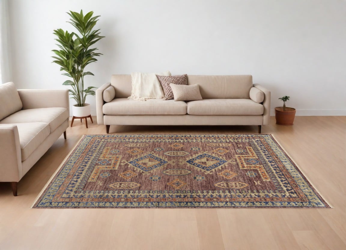 567030 8 x 10 ft. Wool Geometric Hand Knotted Rectangle Area Rug with Fringe, Blue, Red & Tan