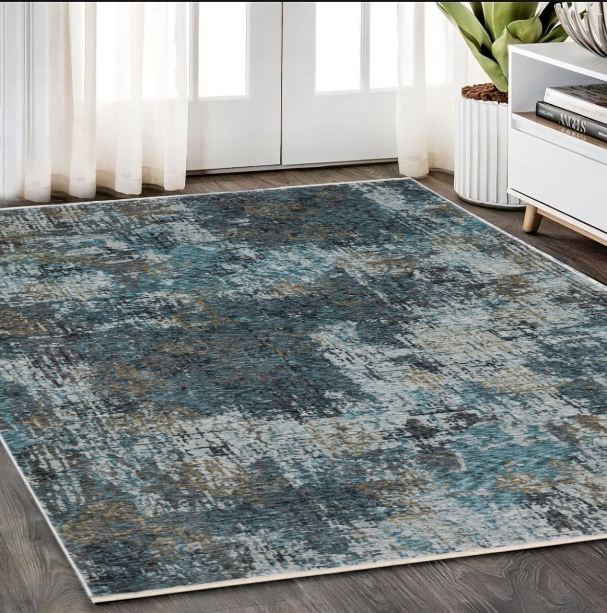 574757 5 x 8 ft. Abstract Distressed Rectangle Area Rug with Fringe, Blue & Gray