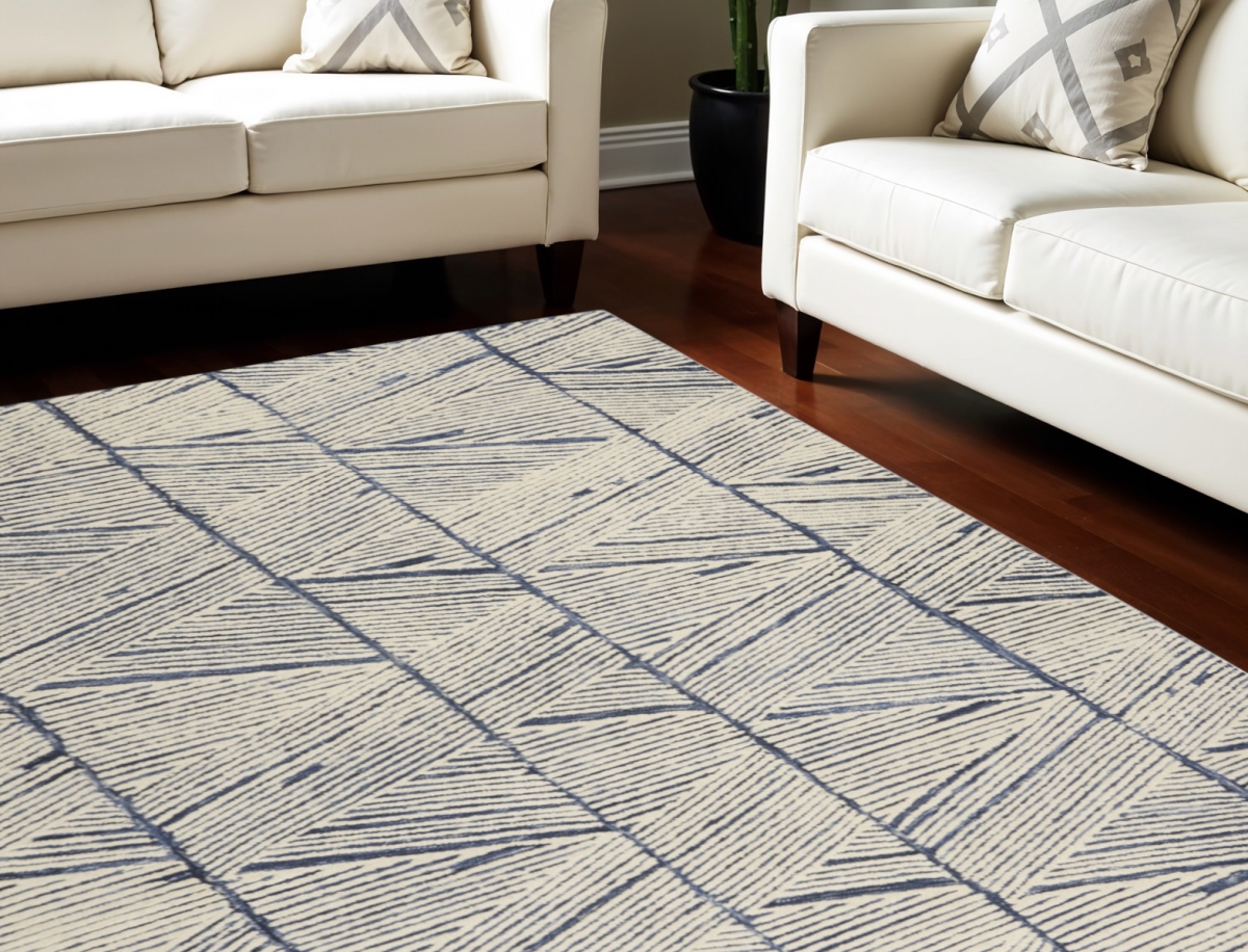 553376 8 x 12 ft. Wool Geometric Rectangle Area Rug, Blue & White