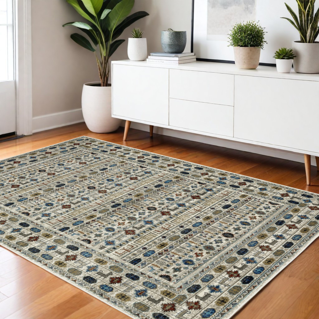 574667 4 x 6 ft. Tribal Rectangle Area Rug, Ivory, Tan & Gray