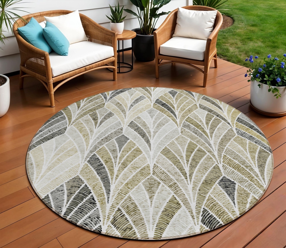 589250 8 ft. Round Geometric Washable Indoor & Outdoor Area Rug, Taupe, Ivory & Brown