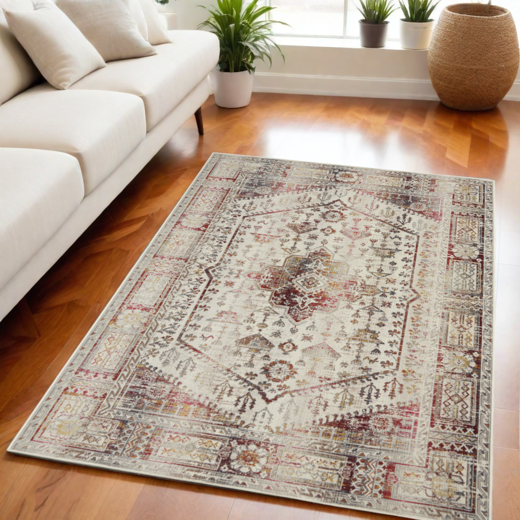 552880 5 x 8 ft. Floral Distressed Rectangle Area Rug, Ivory, Red & Orange