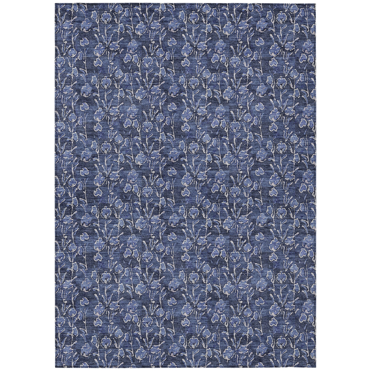 581907 5 x 8 ft. Floral Washable Indoor & Outdoor Rectangle Area Rug, Navy Blue, Denim Blue & Ivory