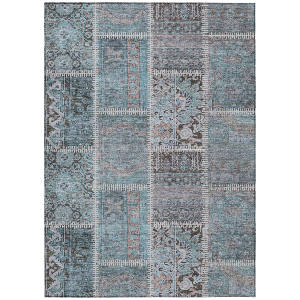 579400 8 x 10 ft. Patchwork Washable Indoor & Outdoor Rectangle Area Rug, Teal Blue, Aqua & Beige