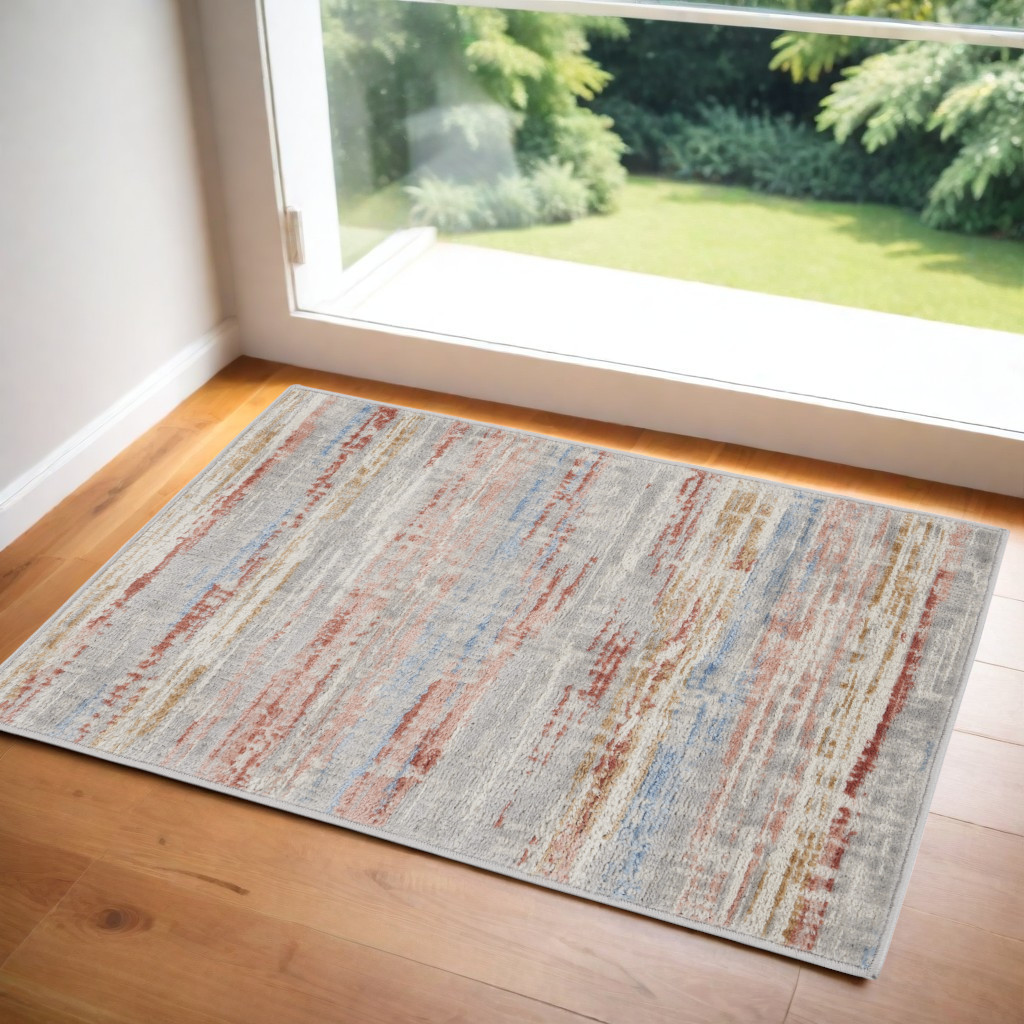 556201 2 x 3 ft. Abstract Non Skid Rectangle Area Rug, Ivory, Red & Blue