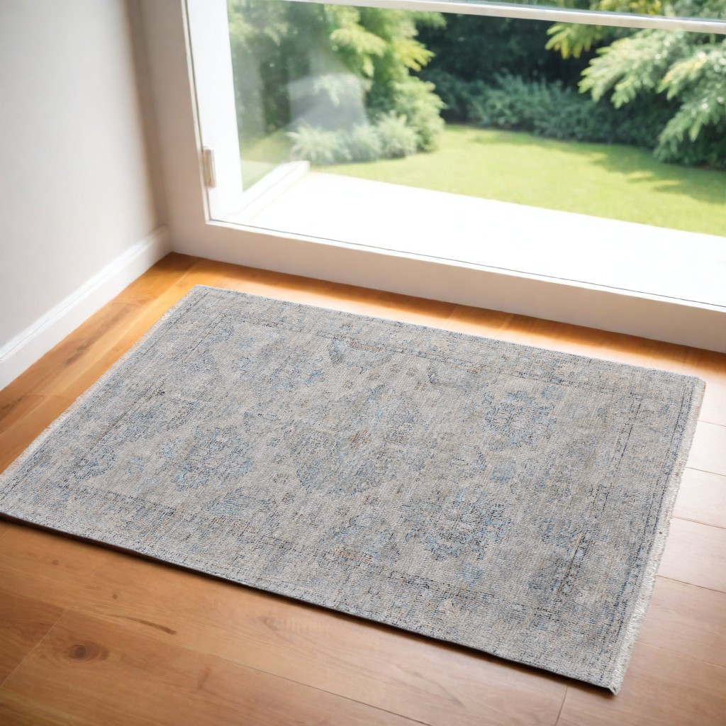 566186 2 x 3 ft. Oriental Hand Woven Distressed Rectangle Area Rug with Fringe, Gray, Blue & Taupe