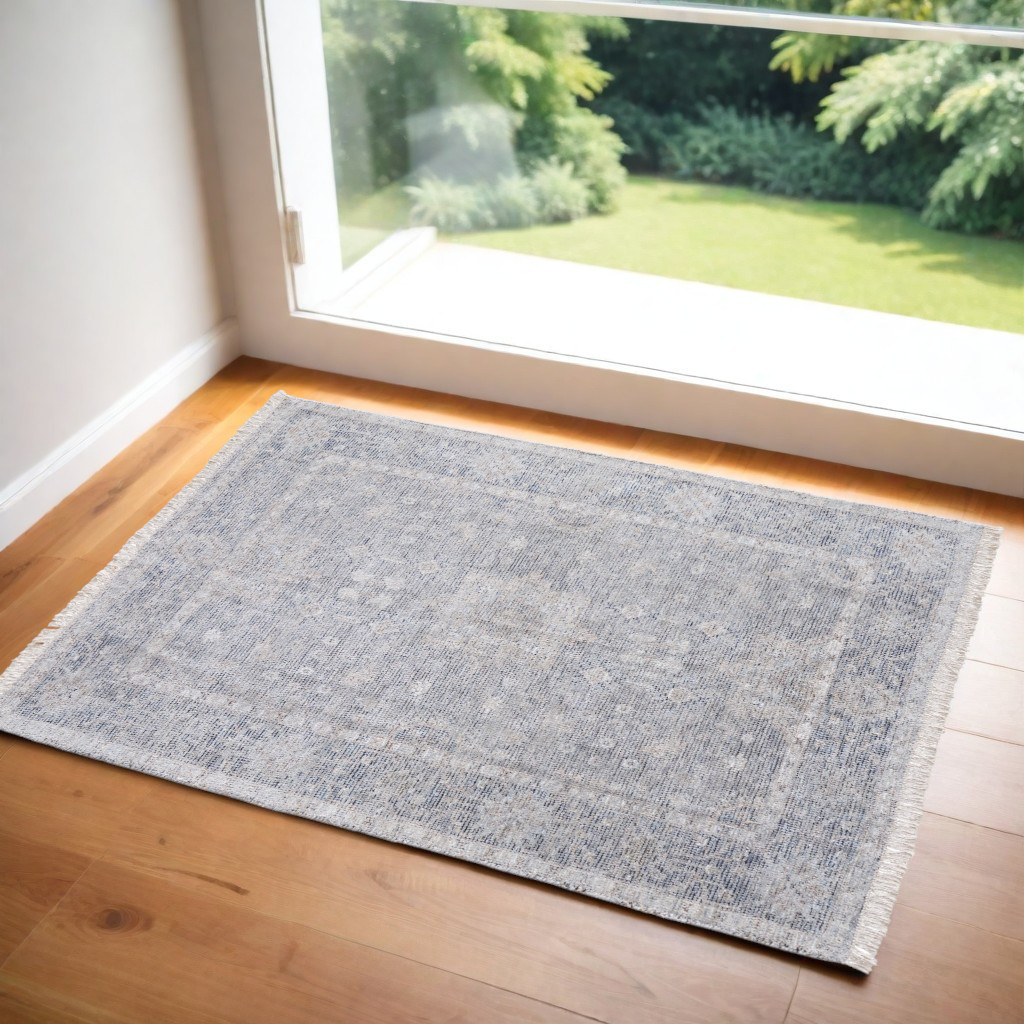 566180 2 x 3 ft. Abstract Hand Woven Distressed Rectangle Area Rug with Fringe, Gray, Blue & Taupe
