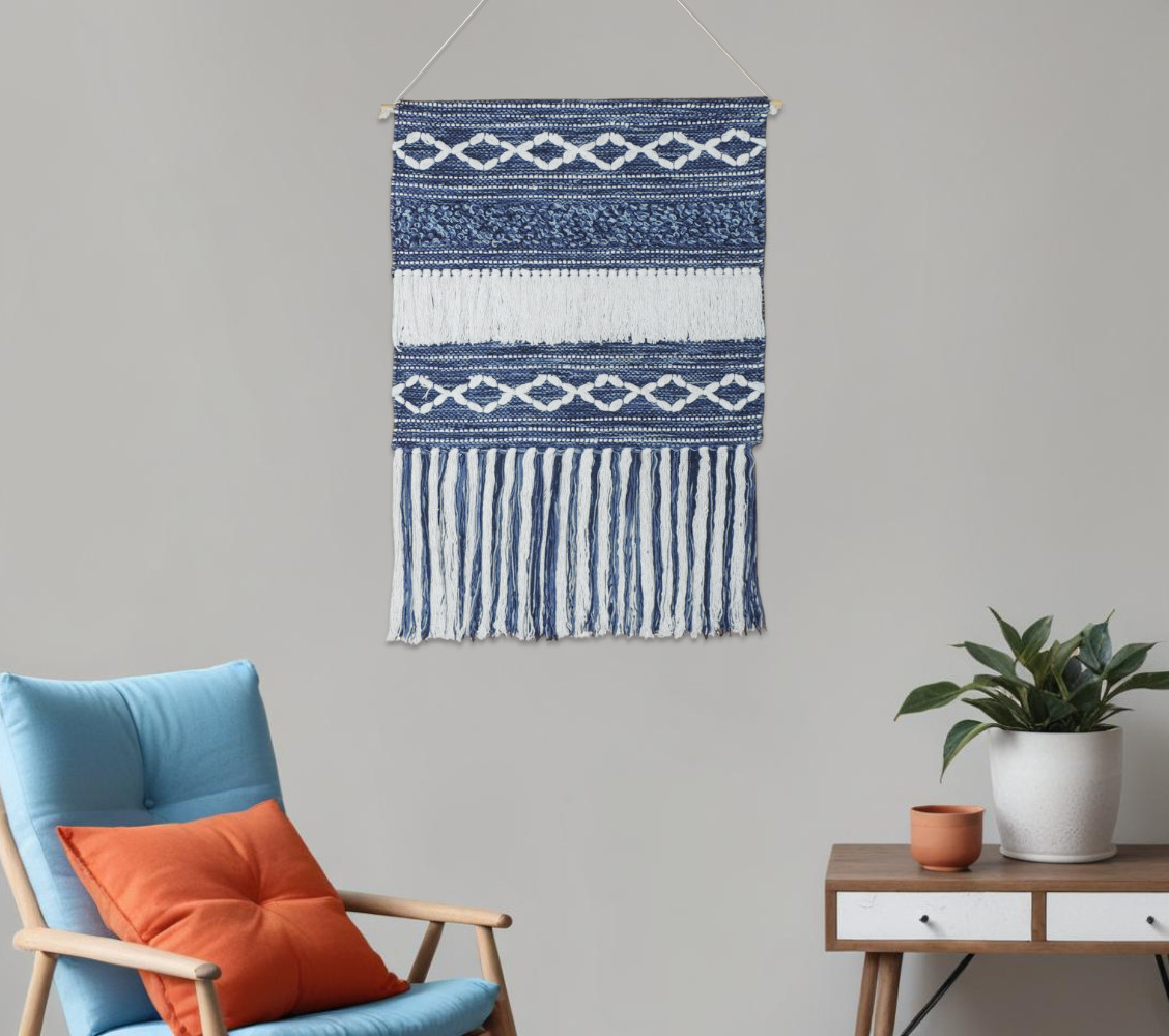 548330 26 x 51 in. Denim Blue & White Geometric Cotton Macrame Hanging Tapestry Wall Decor