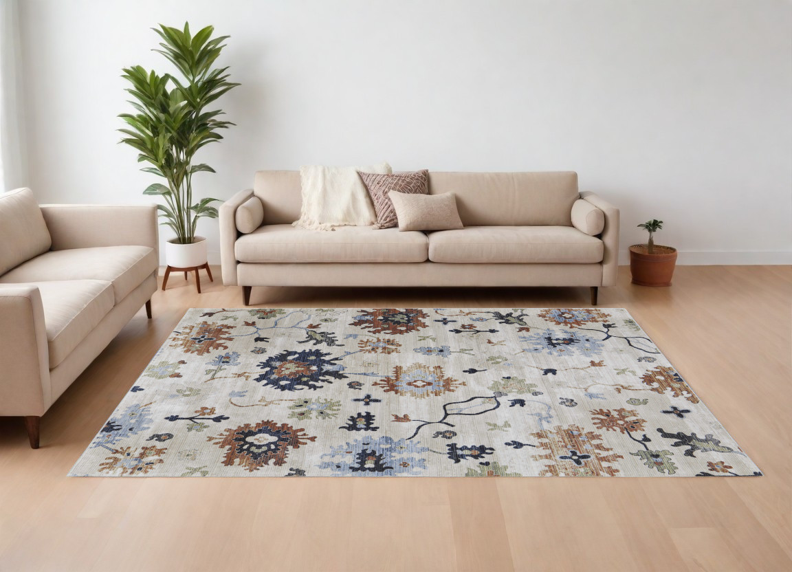 567396 7 x 10 ft. Floral Power Loom Rectangle Area Rug, Ivory, Red & Blue