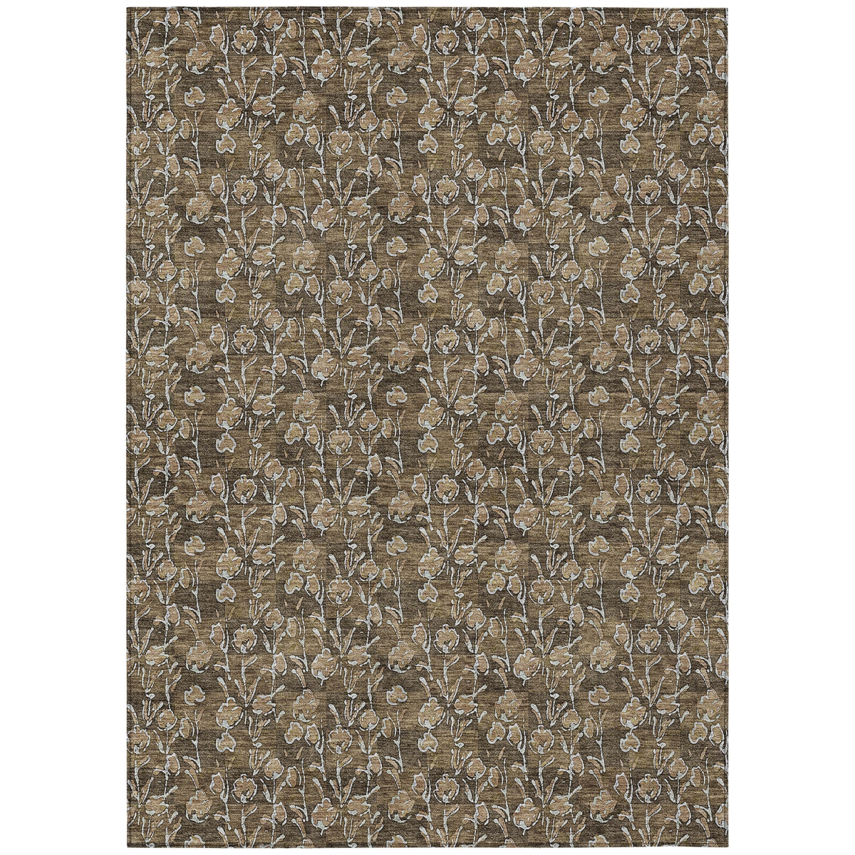 581893 10 x 14 ft. Floral Washable Indoor & Outdoor Rectangle Area Rug, Brown & Ivory