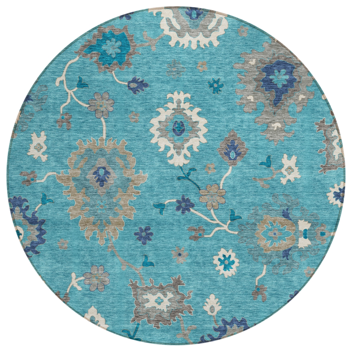 585030 8 ft. Round Floral Washable Indoor & Outdoor Area Rug, Teal Blue, Silver & Gray