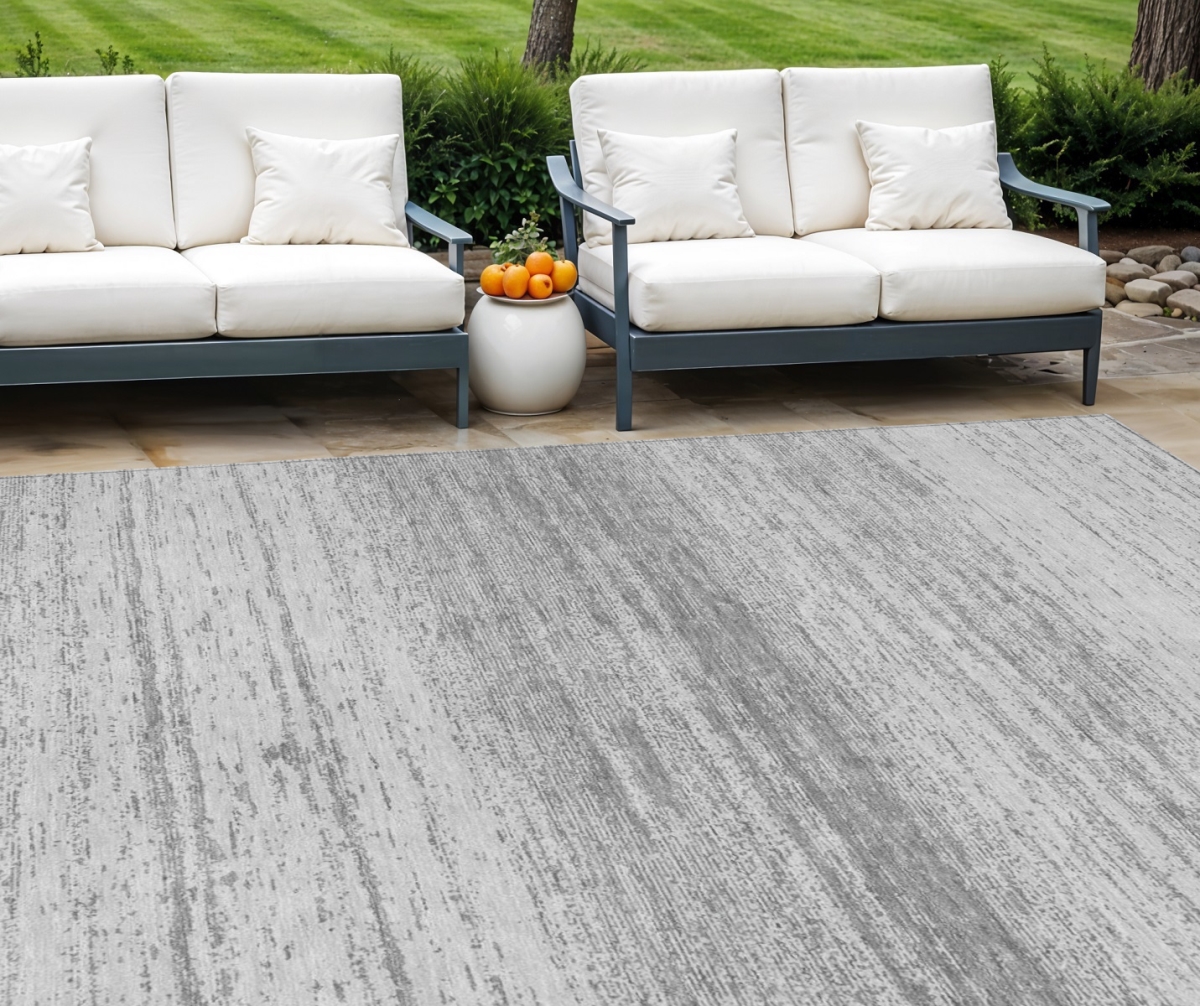 589684 9 x 12 ft. Striped Washable Indoor & Outdoor Rectangle Area Rug, Gray & Silver