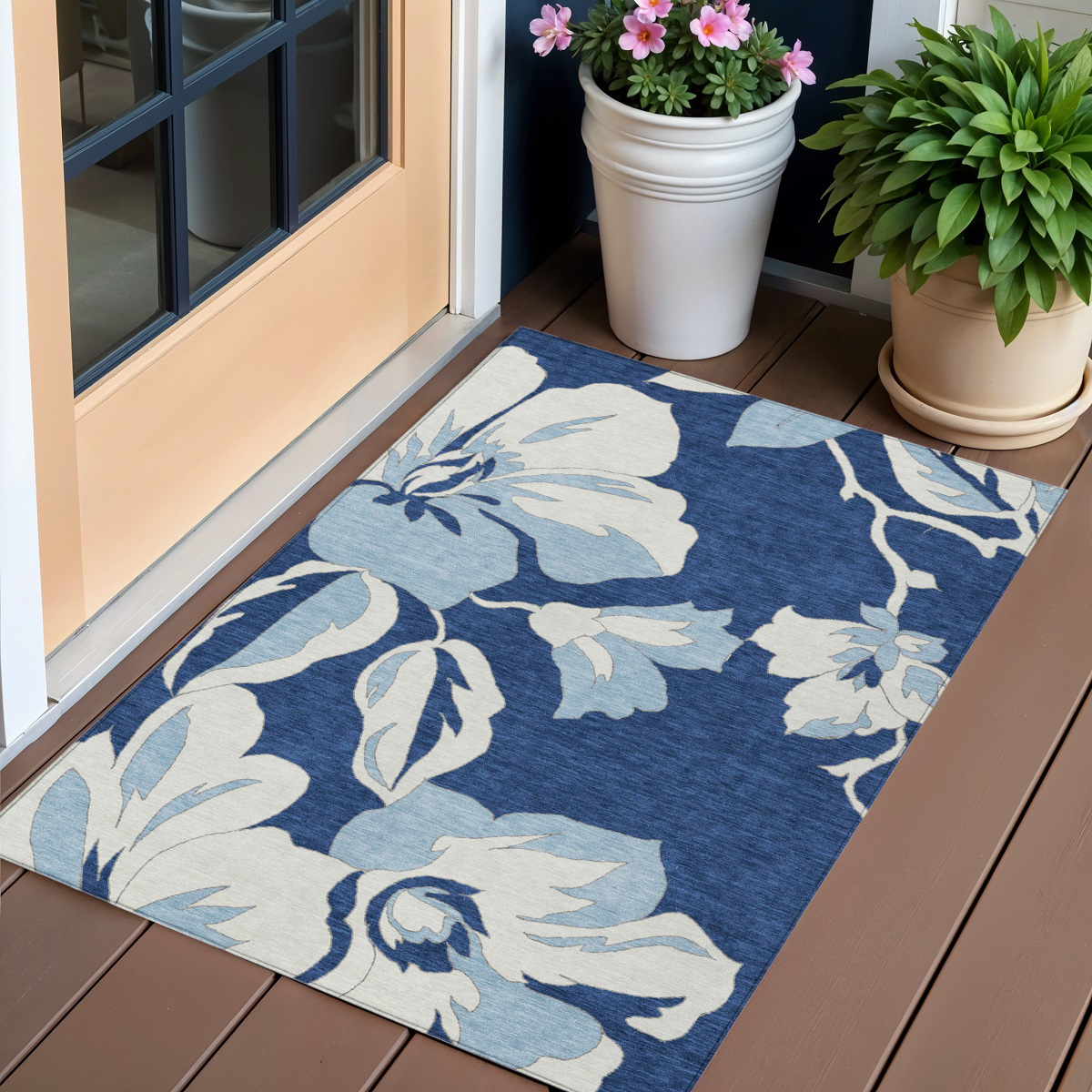 589554 3 x 5 ft. Floral Washable Indoor & Outdoor Rectangle Area Rug, Navy Blue, Denim Blue & Ivory