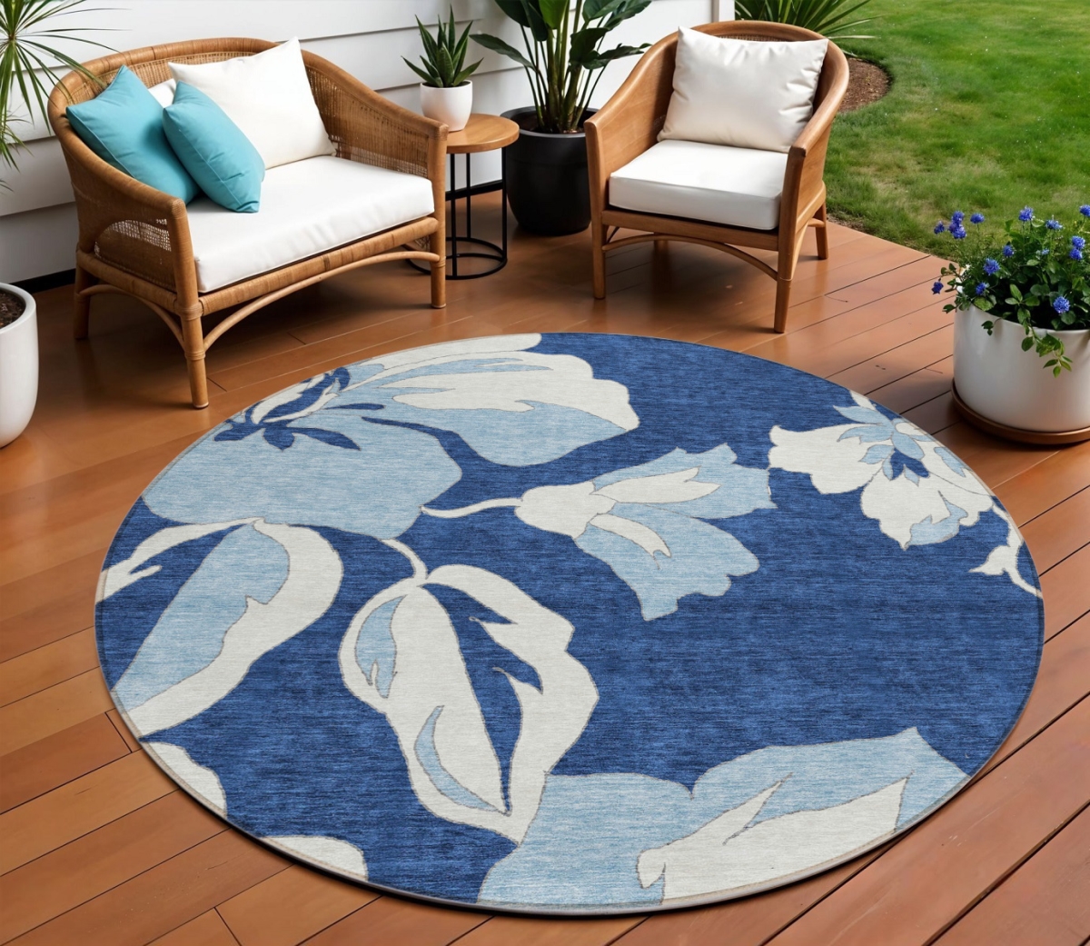 589556 8 ft. Round Floral Washable Indoor & Outdoor Area Rug, Navy Blue, Denim Blue & Ivory