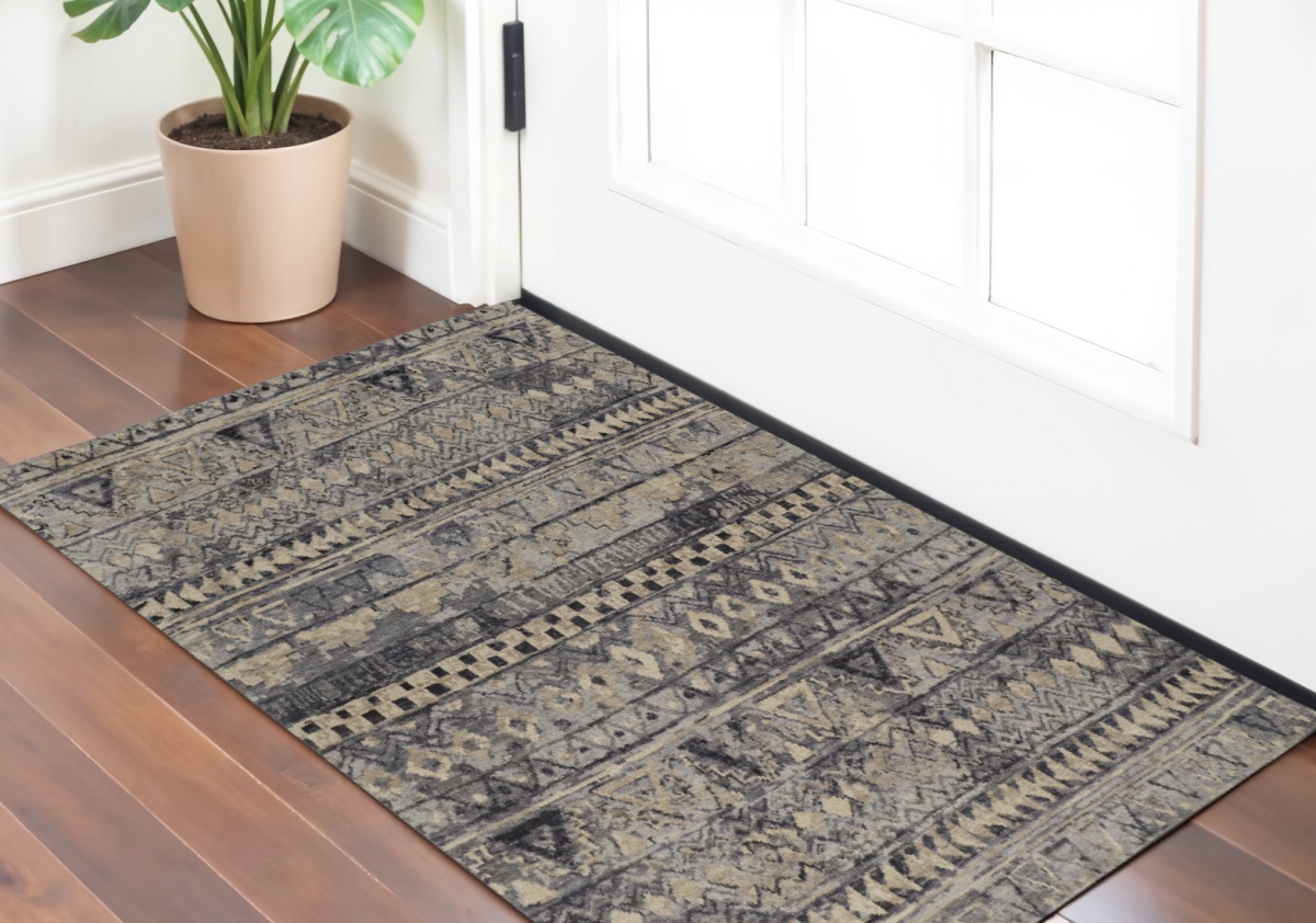 567535 2 x 3 ft. Wool Geometric Hand Knotted Rectangle Area Rug, Taupe, Gray & Tan