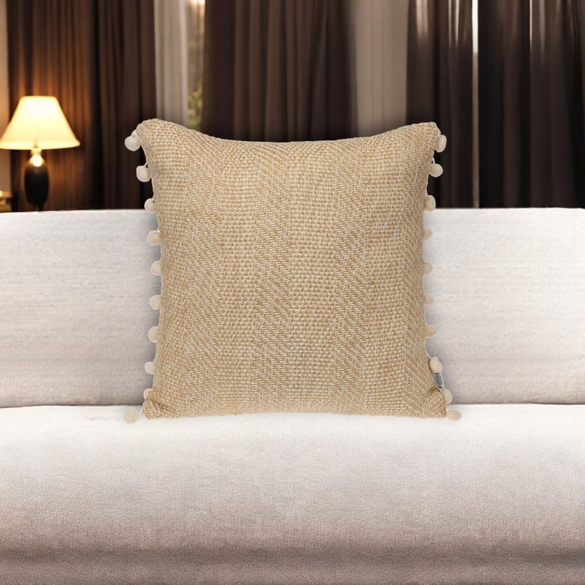18in. Beige & White Cotton Throw Pillow with Pom Poms - Decorative & Cozy