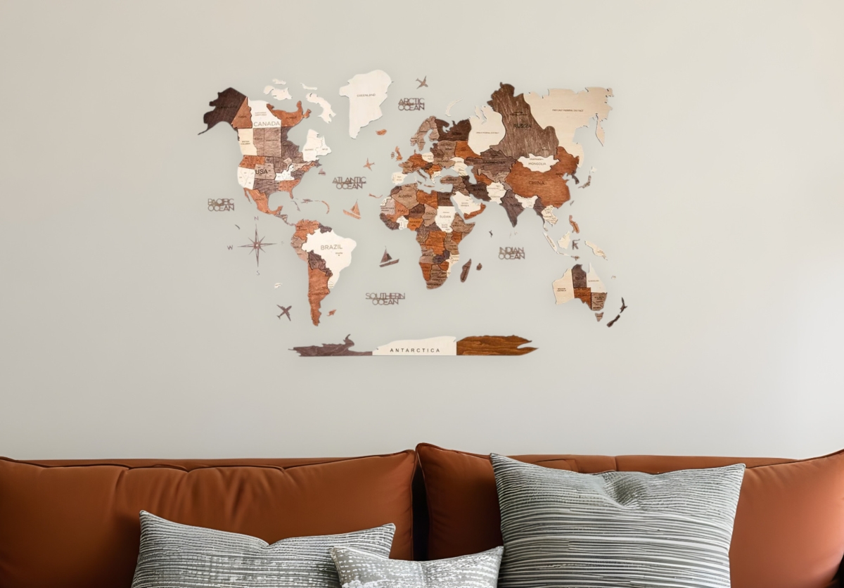 Picture of HomeRoots 521577 Medium 24 x 39 in. Brown & Beige Wood World Map Hanging Dimensional Sculpture