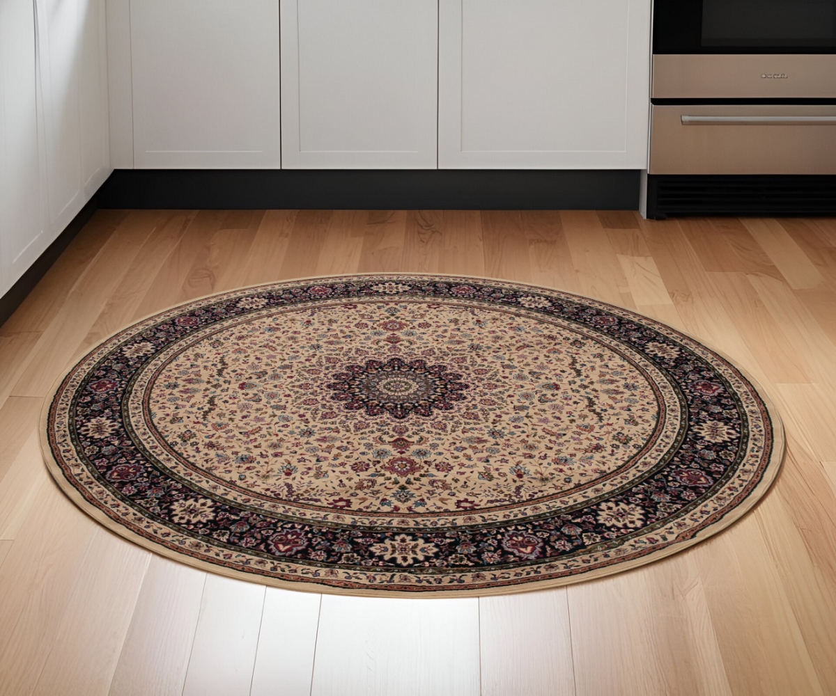 574122 6 ft. Oriental Power Loom Round Rug, Ivory & Black