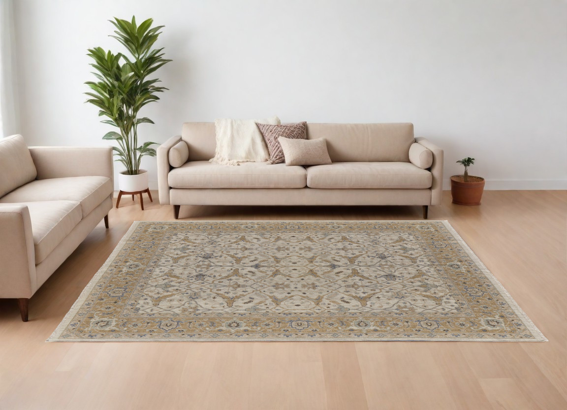 566775 6 x 9 ft. Wool Oriental Hand Knotted Rectangle Area Rug with Fringe, Ivory, Gray & Tan