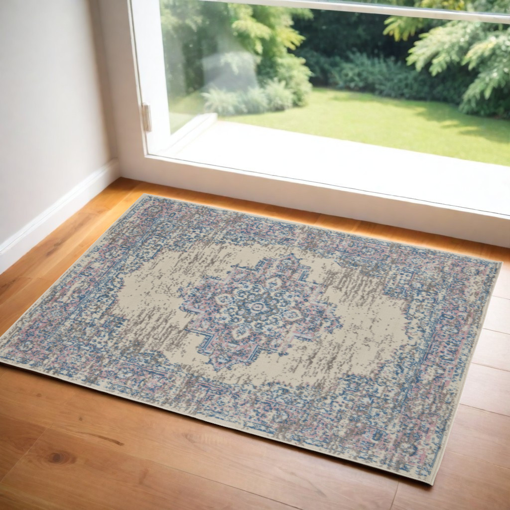546073 3 x 5 ft. Medallion Distressed Non Skid Rectangle Area Rug, Ivory, Pink & Blue