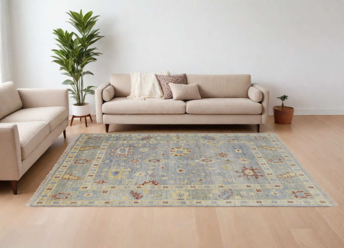 567112 10 x 14 ft. Wool Floral Hand Knotted Rectangle Area Rug with Fringe, Light Blue & Taupe