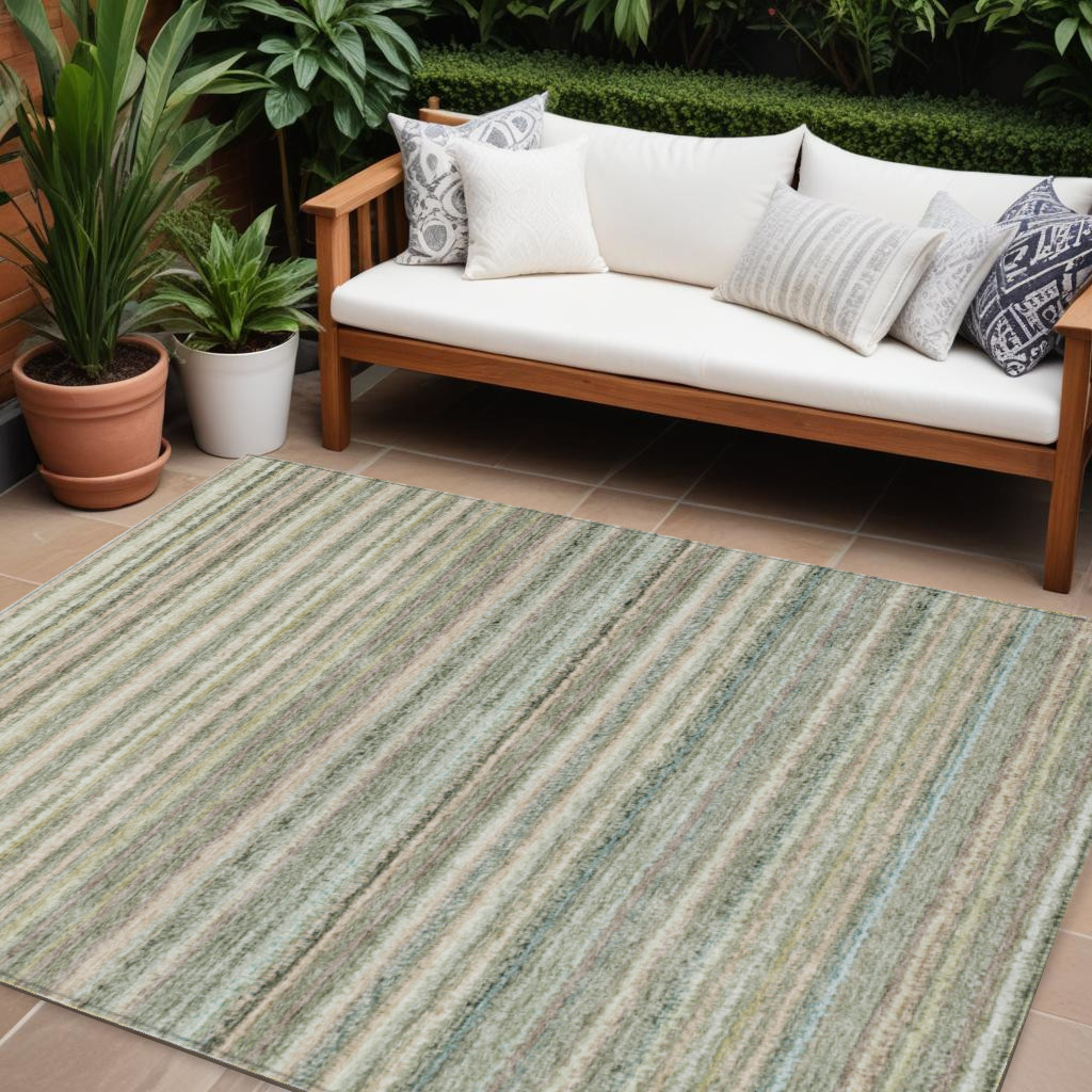 577804 10 x 14 ft. Striped Washable Indoor & Outdoor Rectangle Area Rug, Sage, Mint Green & Beige