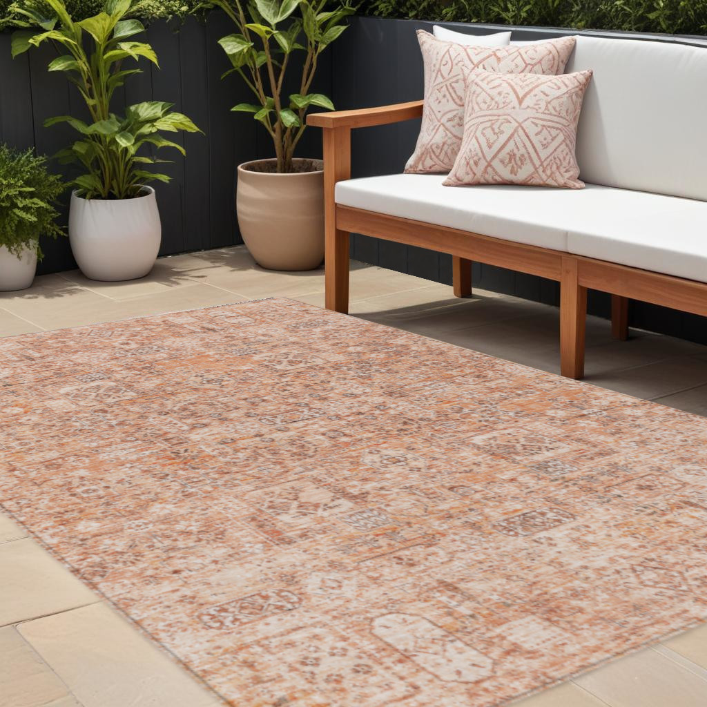 578213 10 x 14 ft. Floral Washable Indoor & Outdoor Rectangle Area Rug, Salmon, Orange & Gray